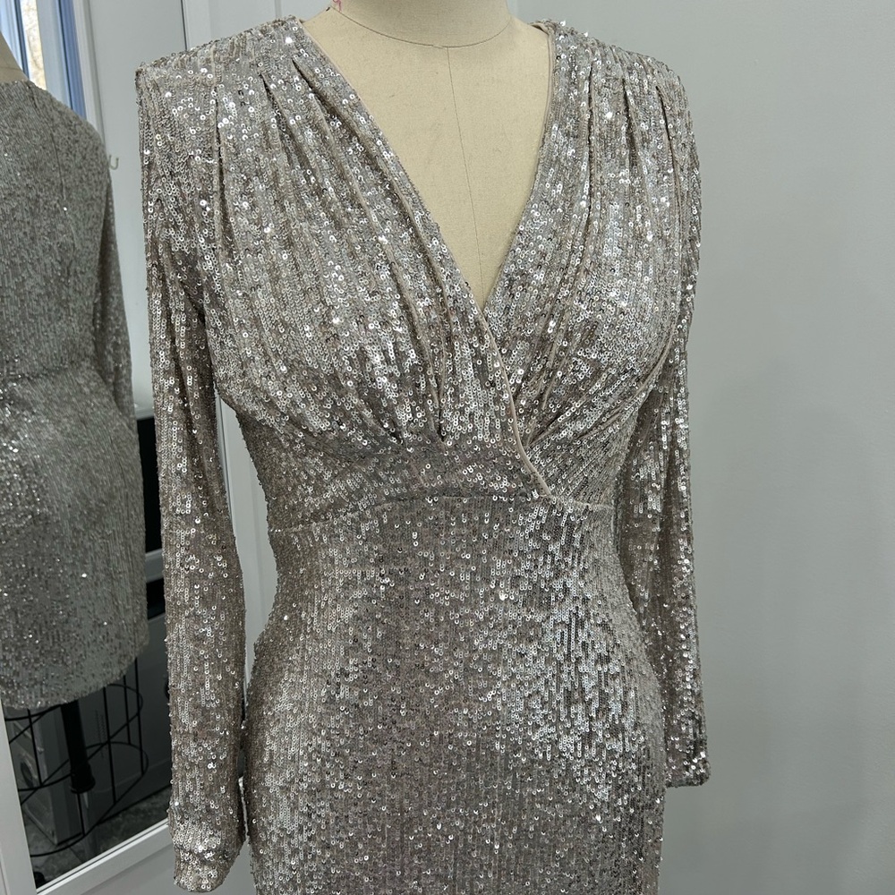 Express Silver Long Sleeve Sequin Dress
